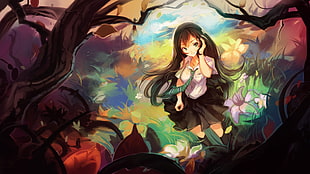 female anime character on garden HD wallpaper